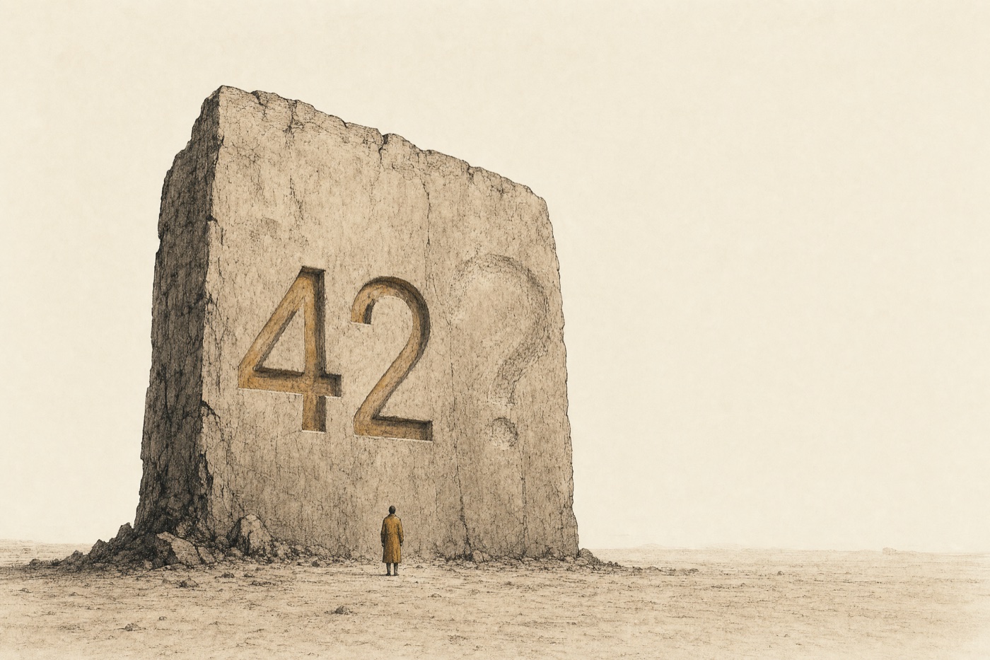A lone figure before a monumental numeral 42