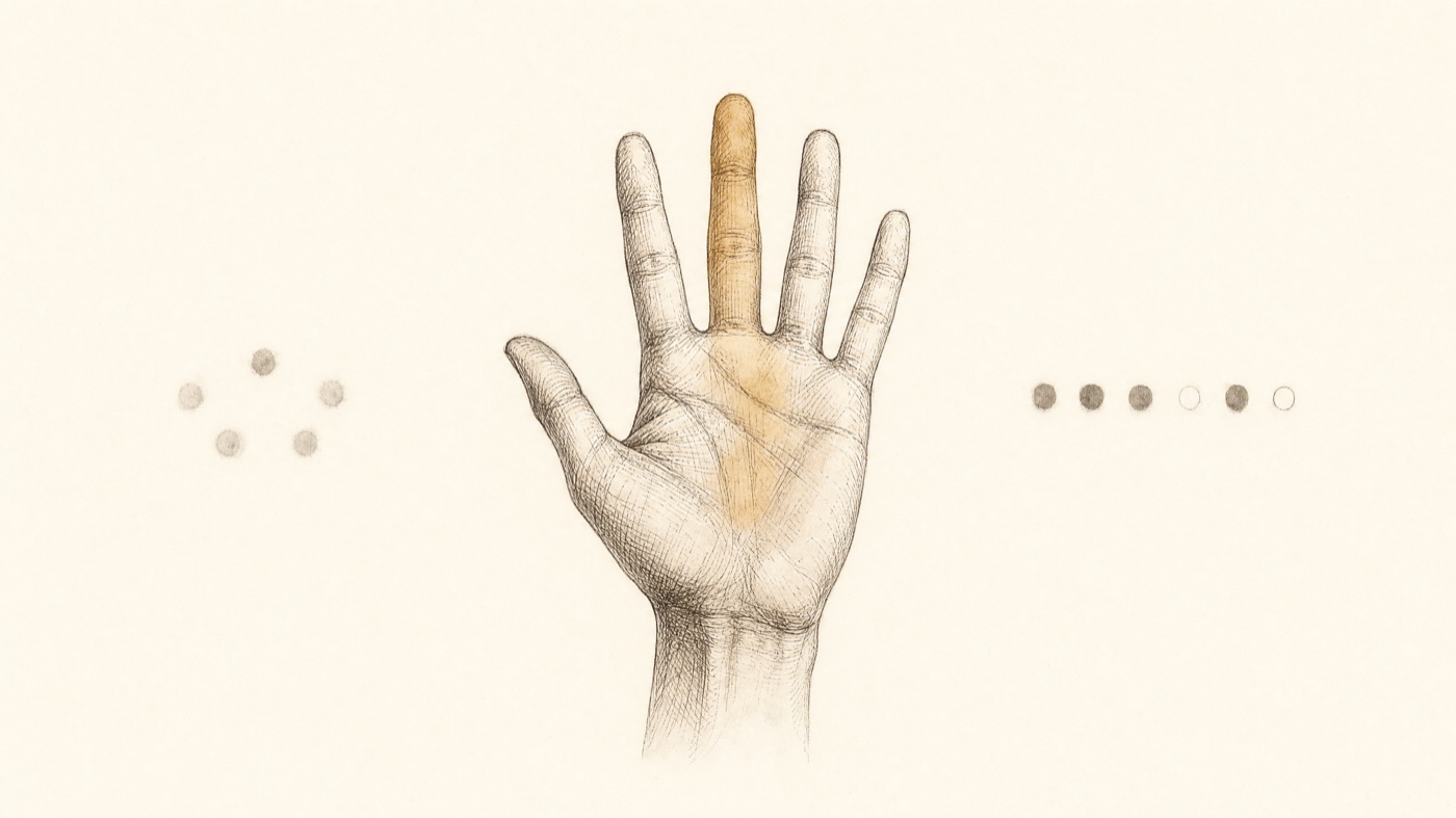 A hand that can be read as five or as thirty-one