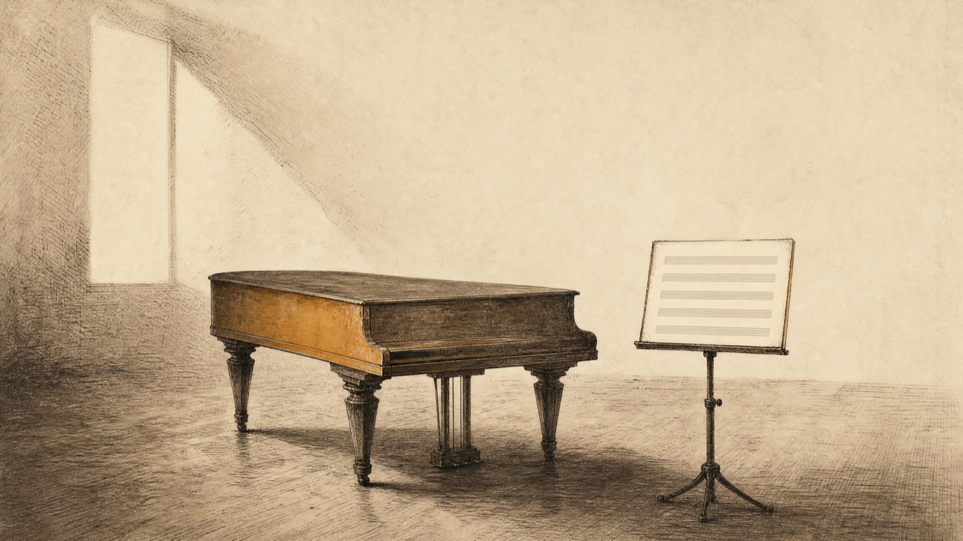 An empty music staff and a closed grand piano